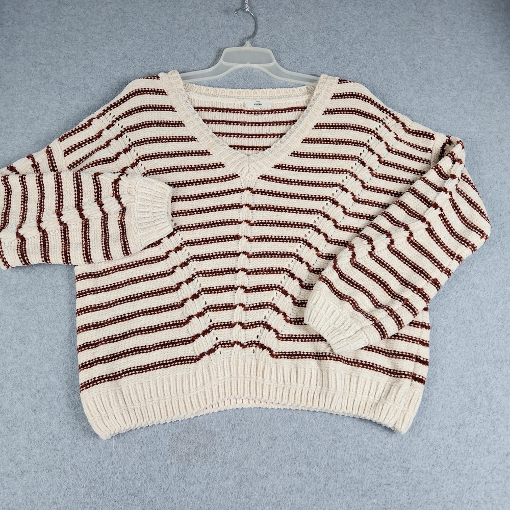 Entro Sweater Womens Medium Cream Brown Striped Chenille Knit V-Neck Relaxed Fit
